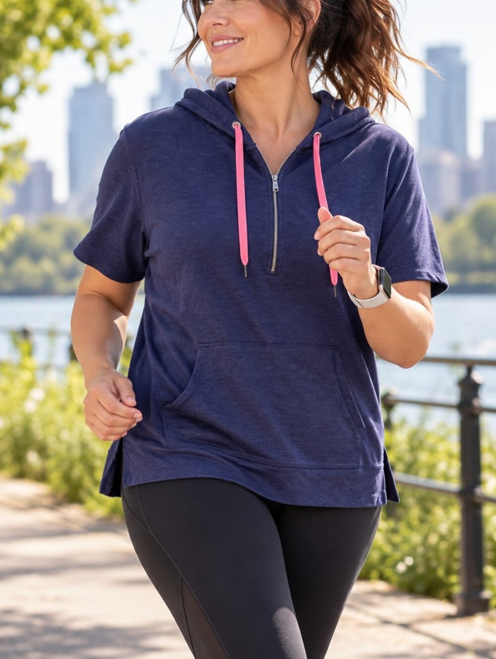 Active Zone Women's  Short Sleeve Half Zip Hoodie Pink Drawstring 2X